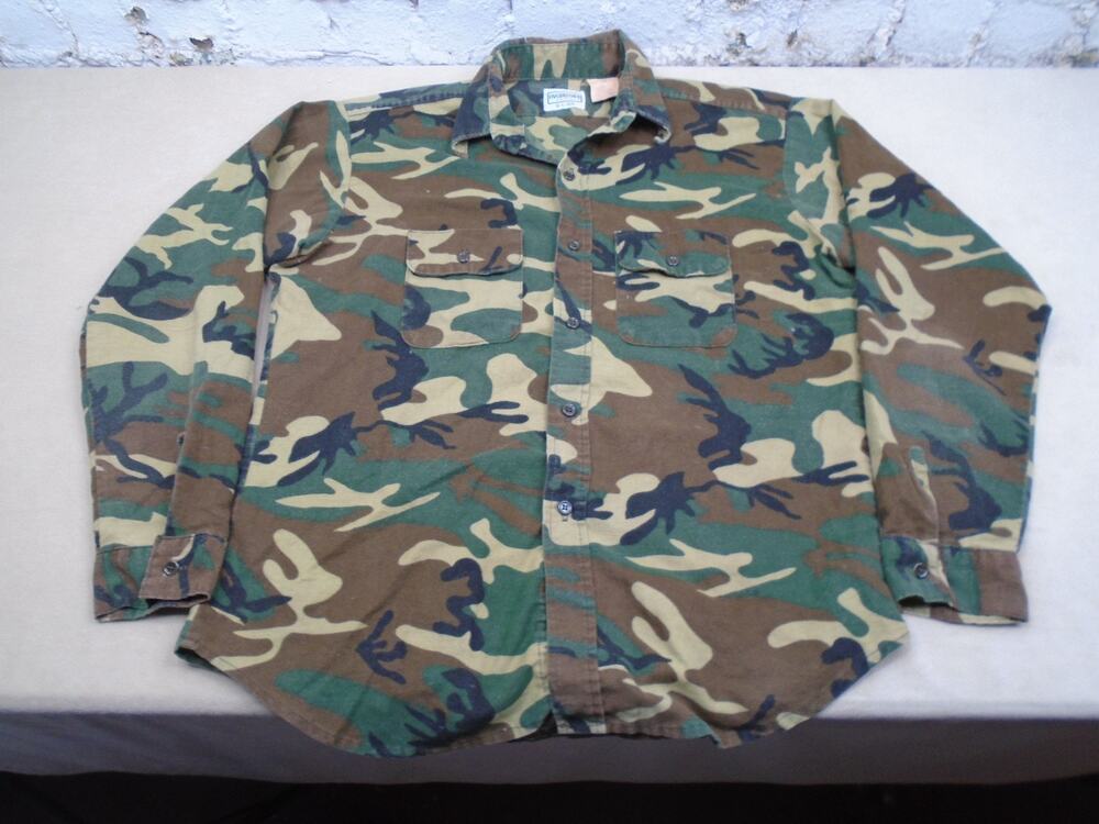 Vintage 80s Five Brothers Camo Button Down Shirt Large Longsleeve Pockets USA
